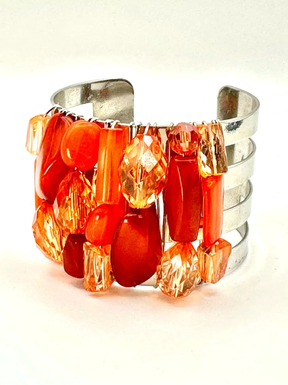 Vintage Carnelian Nugget & Amber Toned Resin Stone Silvertone Cuff